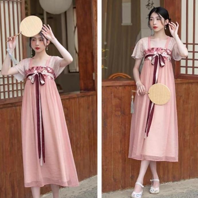Maxi Long Dress Hanfu Chinese Traditional Baju Terusan Wanita Imlek Sincia Merah Green Pink Top Mand
