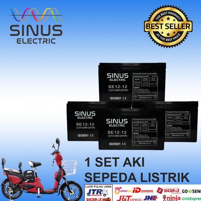 Terlaris Aki Sepeda Listrik Selis (1Set/4Pcs) 12V 12Ah Paling Bagus Roda