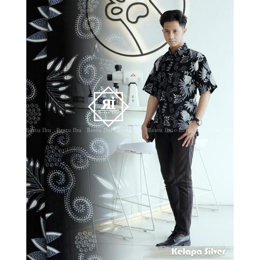 DR245 - Couple Rok Dan Kemeja Batik Pria Modern Motif Kelapa Silver / Baju Batik Couple Rok Plisket 
