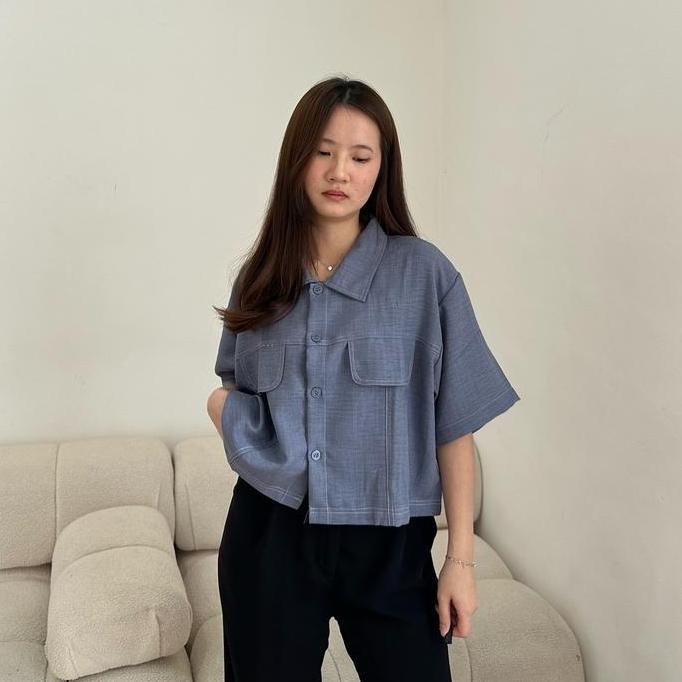 DF84 - Dami Shirt / Kemeja Crop Oversize List Unisex Baju Linen Panjang Wanita