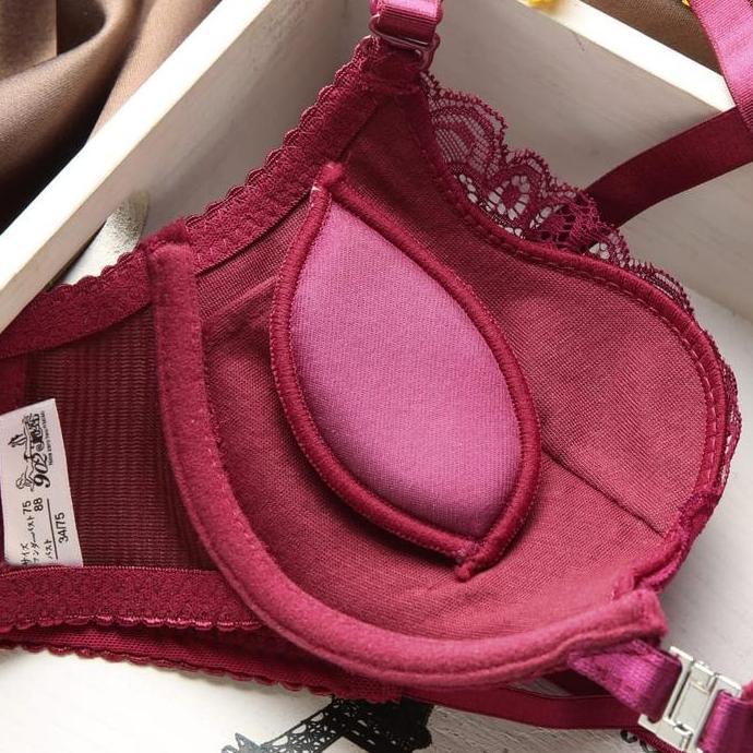 Push Up Bra Set BH + Celana Dalam Wanita Sexy Elegant Model Lingerie Buka Depan Busa Renda Setelan