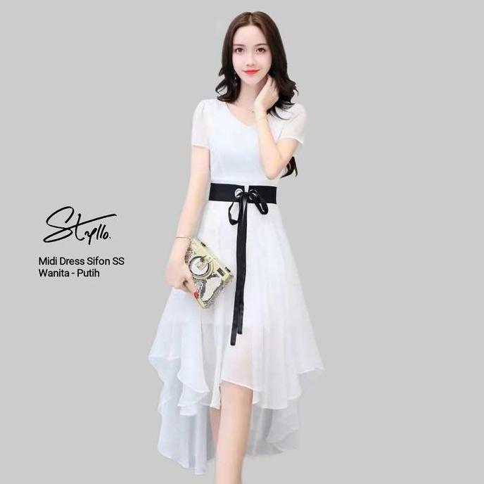Midi Dress Korea Lengan Pendek Wanita Layer Sifon Asimetri Moody Putih Cantik