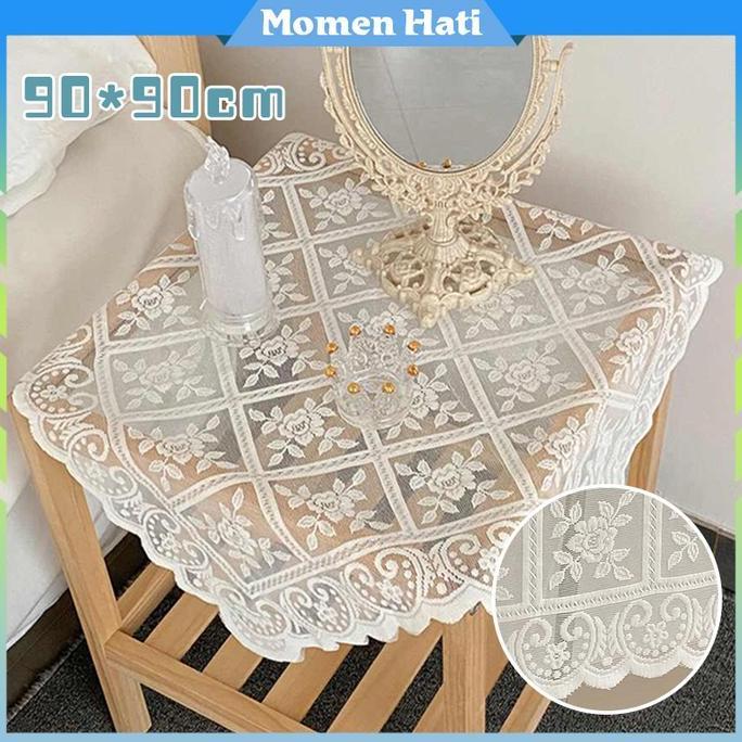 SHISHIO 90*90cm Taplak Meja Makan Kain Renda Vintage Taplak Meja Renda Kisi Bunga Sutra