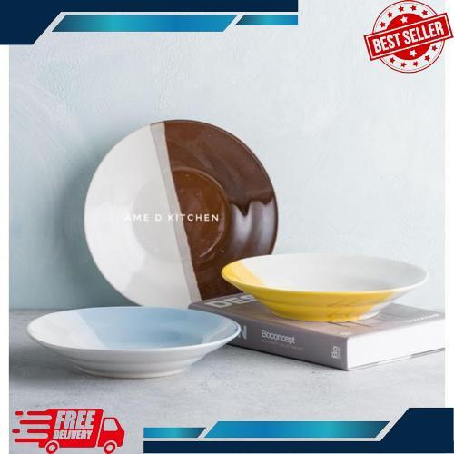 Promo Piring Makan Bijian Keramik 8" Two Tone 2 Warna Coklat/Biru/Pink