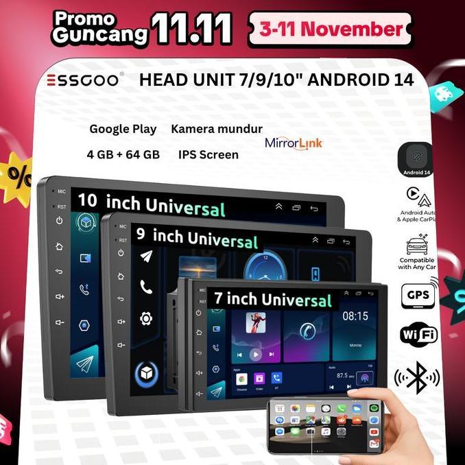Terlaris Essgoo Head Unit Android 14 Mobil 4G+64G  7/9/10 Inch 2 Din Kontrol Suhu Cerdas Ips Layer M