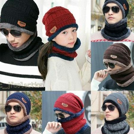 Topi Kupluk Pria Wanita Topi Kupluk N Syal Wool Winter Rajut