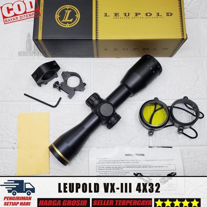 TELESKOP LEUPOLD 4X32 DUPLEX TELESCOPE LEUPOLD VX-III 4X32 TAHAN GETAR RING GOLD ORIGINAL DAN TERPER