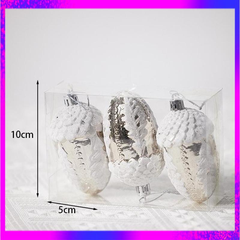 3pcs Hiasan Natal Silver Acorn Biji Pohon Ek ornamen Gantungan Pohon Natal Dekorasi Christmas Tree -