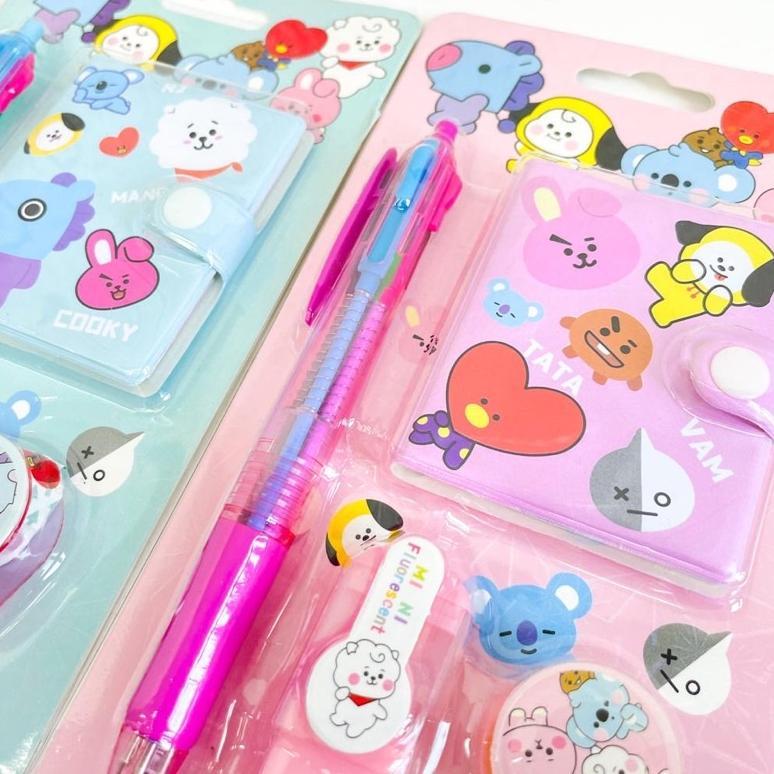1 Set Alat Tulis 4In1 Buku Pulpen Highlighter Tape Bts Notebook Bt21 Murah Stok