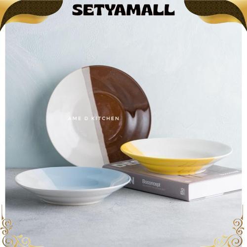 Bigpromo Piring Makan Bijian Keramik 8" Two Tone 2 Warna Coklat/Biru/Pink