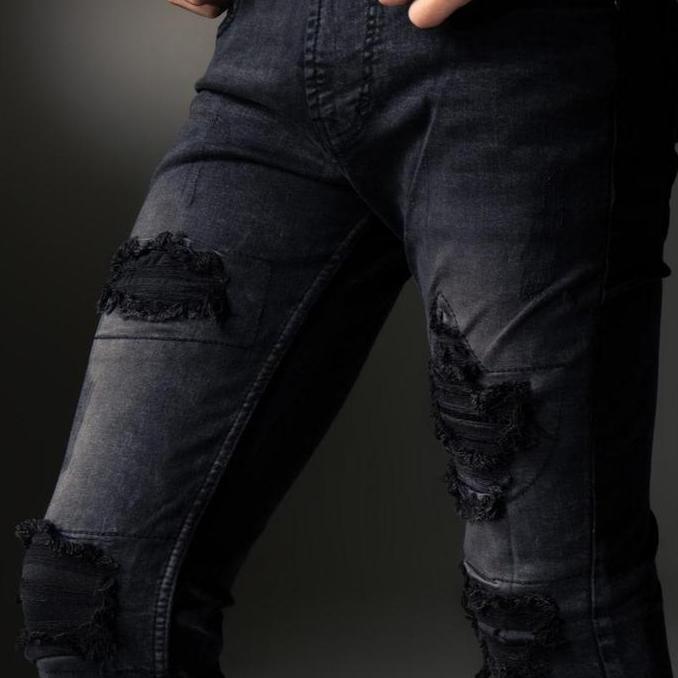 Weird Jeans - Austin Black - Celana Jeans Pria Slimfit Strech Ripped Tambal Denim Nyaman Stretch