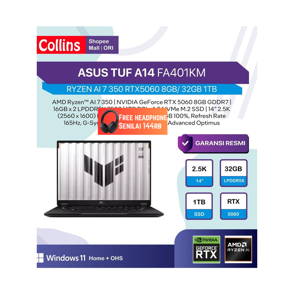 LAPTOP ASUS TUF A14 FA401KM RYZEN AI 7 350 RTX5060 8GB/ 32GB 1TB W11+OHS+M365B 14.0 WQXGA 165HZ 100S