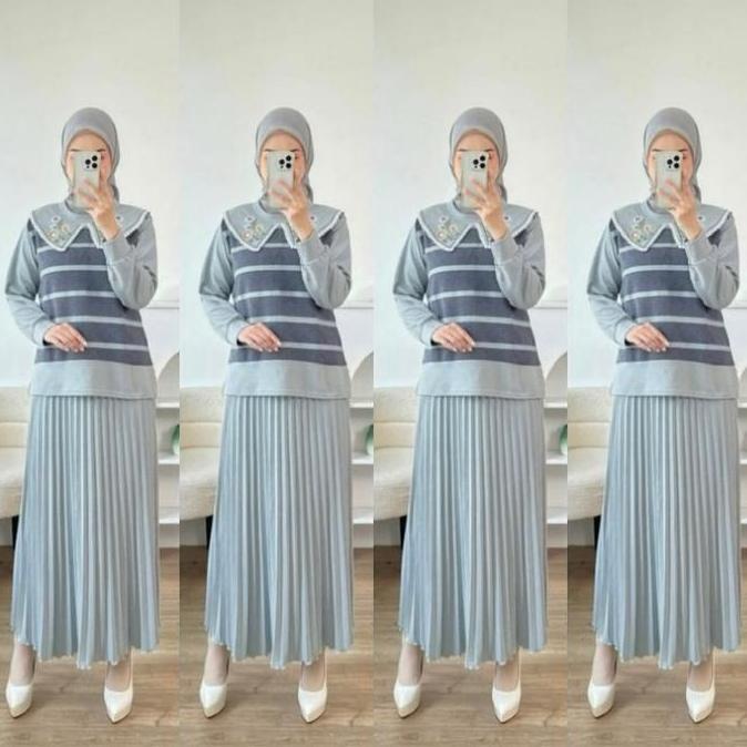 BMF2 - Setelan Rok Bordir Plisket SR 689 One Set XL Rib Knit Pakaian Fashion Muslim Wanita Panjang T