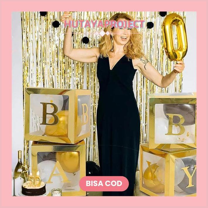 hutayaproject 12 inci Kotak Balon Transparan Emas Dengan Stiker Huruf A-Z Untuk Dekorasi Pesta Ulang