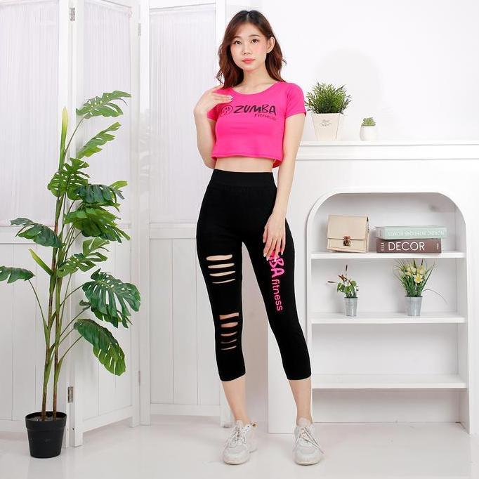 NEW STELAN BAJU SENAM SET ZUMBA FITNESS SOBEK FASHION DASAR PINK (ATASAN+CELANA) / CELANA SOBEK2 / M