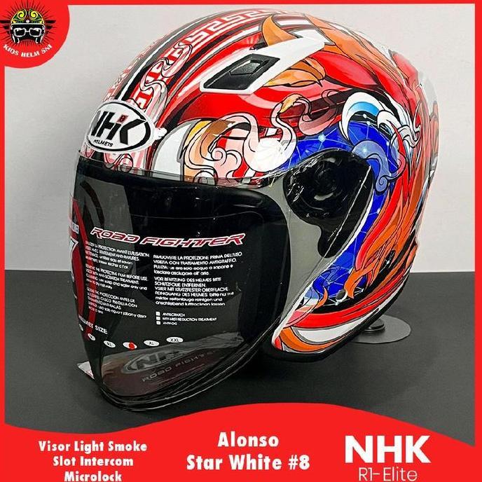 NHK R1 Elite Helm Half F Alonso Seri #8 Starwhite Visor Light Smoke Ventilasi Aktif SNI DOT License 