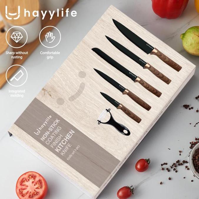 Hayylife Knife Set Dapur Stainless Steel 6 In 1 Gagang Kayu / Set Pisau Dapur Baja Hitam Rumah Tangg