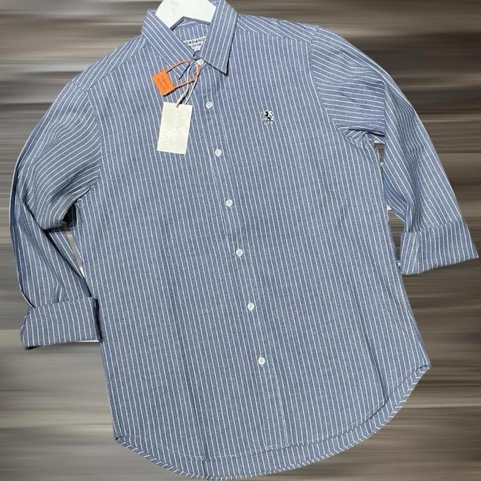 Giordano Kemeja Salur Kerah Lengan Panjang Slim Fit Style Long Sleeve Linen Nyaman Biru Garis Muda C