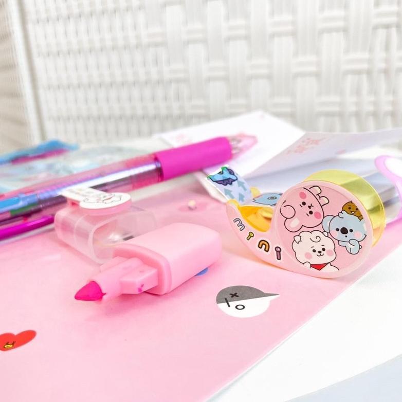 1 Set Alat Tulis 4In1 Buku Pulpen Highlighter Tape Bts Notebook Bt21 Murah New