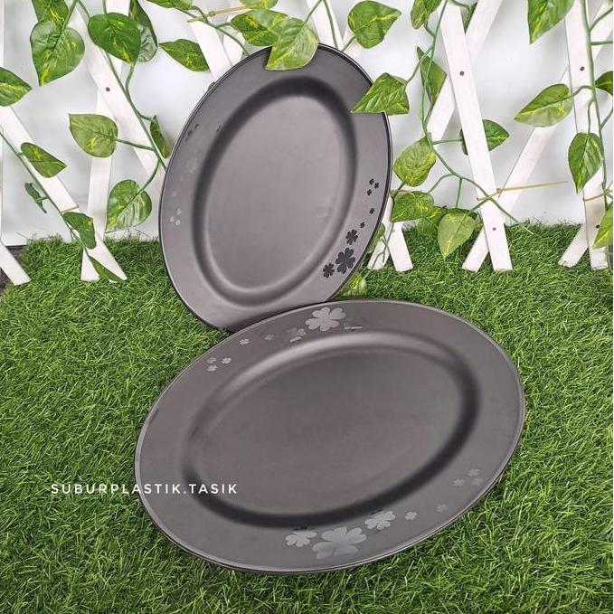 Piring Saji Oval Lodor Unica Hitam Melamine Tebal Warna Dope Aksen Bunga Ukuran Besar Kecil / Piring