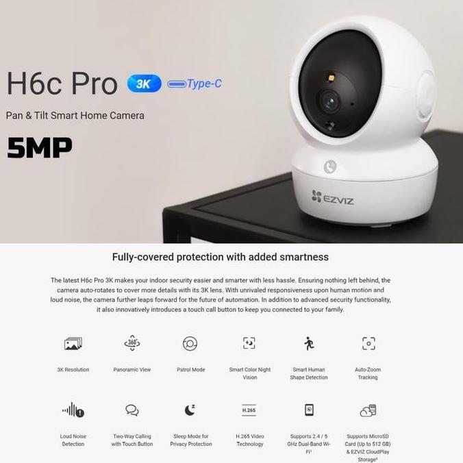 EZVIZ H6c PRO 5MP 3K Pan Tilt Zoom 2WAY AUDIO Smart Color Night Vision Camera Adaptor Digital Wifi C