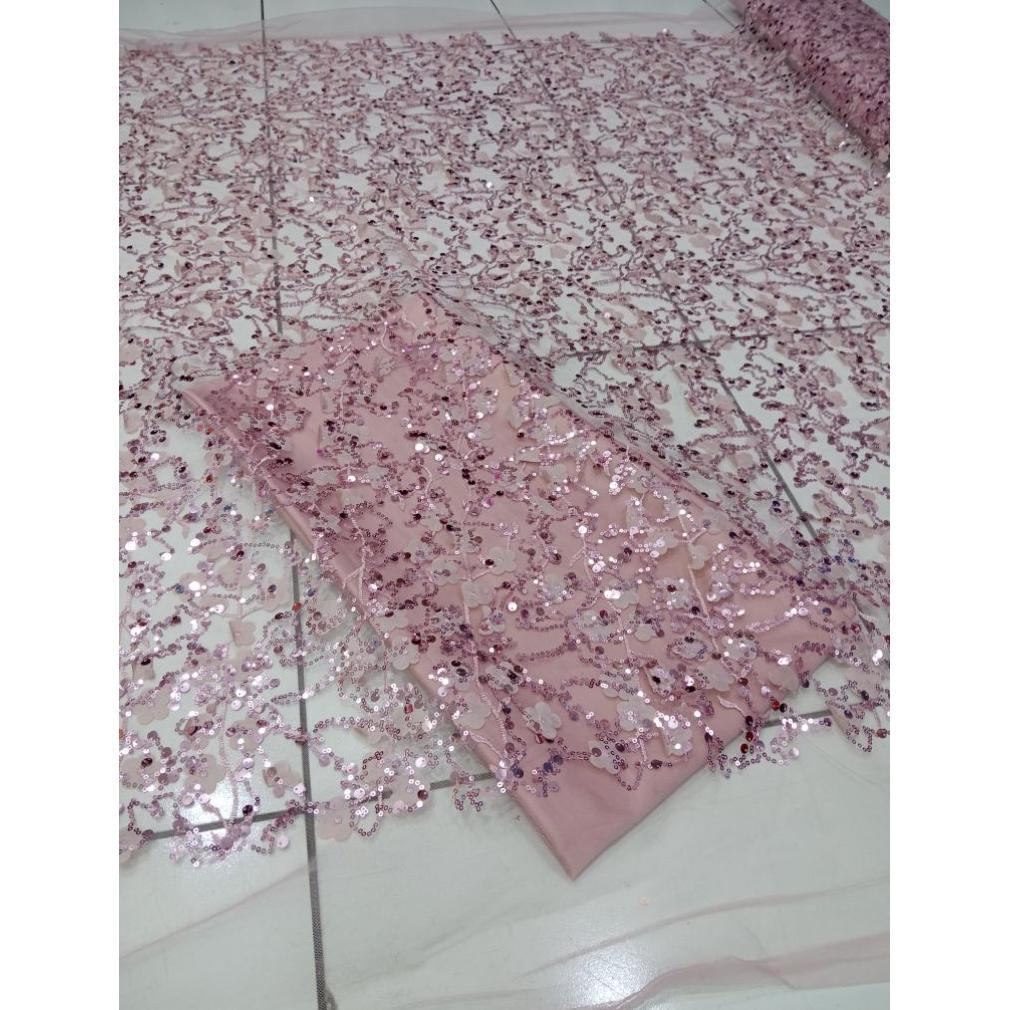 BAHAN KAIN TILE SQUIN SPANGLE BUNGA 3D TIMBUL TILE PAYET BAHAN KEBAYA DRESS