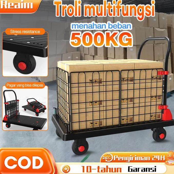 Reaim Troli Barang Lipat Dengan Pagar Hand Gerobak Troli Roda Troli Ringan Lipat Troli Kecil Portabl