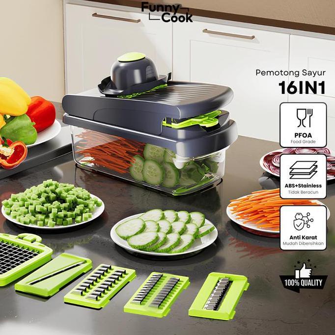 [EXCLUSIVE AMELIAKHYAR] Funnycook Parutan Sayur 16in1 Pemotong Serbaguna Kitchenware Alat Pemotong S