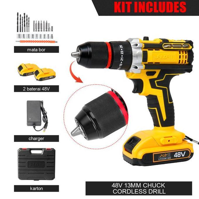 Murah Jld Bor Baterai 48Vf 2-Speeds Dengan Level Built-In Dan 25+3 Mesin Bor Cordless Impact Drill T