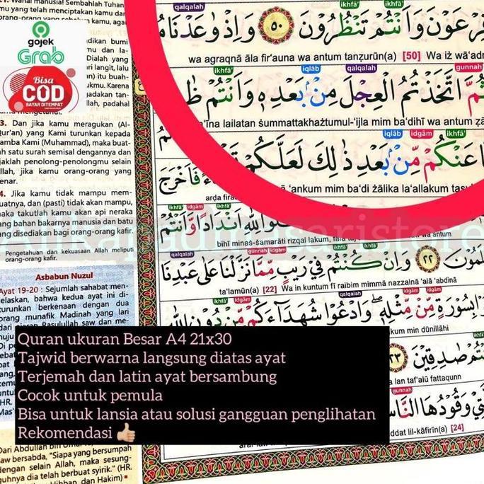 Alquran Tajwid Latin Berwarna Diatas Ayat Bersambung Terjemah Besar A4 Pemula Buku Agama Islam Musli