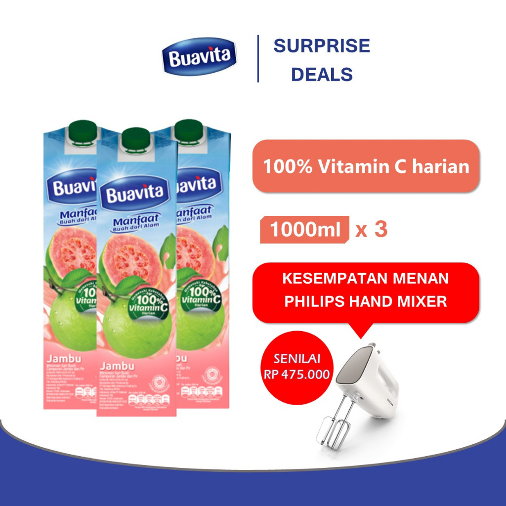 Buy 3 Buavita Jus Buah Asli JAMBU Guava Juice 100% VITAMIN C ASLI HARIAN 1000ML