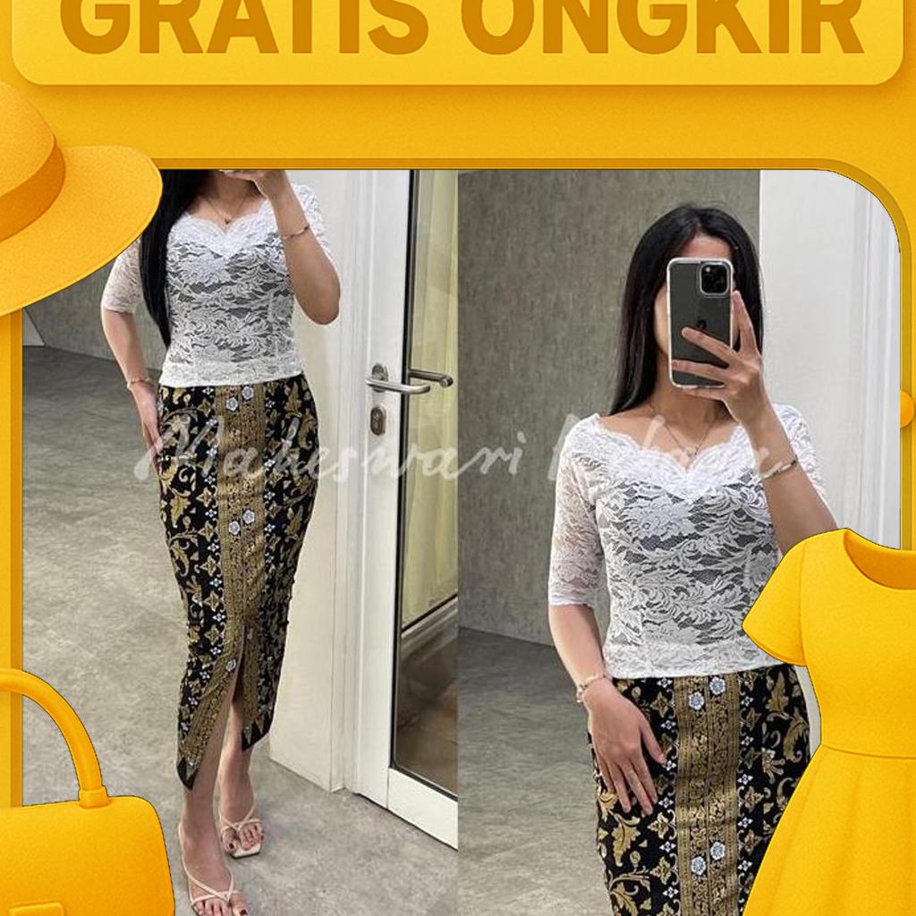 Kebaya Bali Brukat Sabrina Lengan Pendek Putih