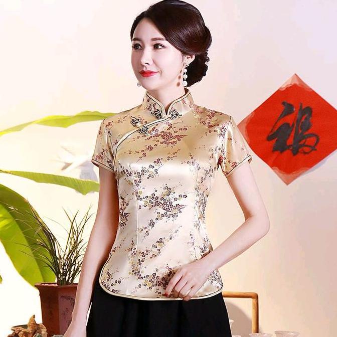 atasan cheongsam Import wanita  imlek lengan pendek Motif Bunga Cantik Baju