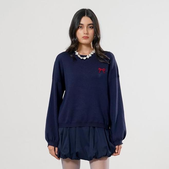 This Is April Rania Sweater Wanita Lengan Panjang Navy Ribbon Casual Outfit