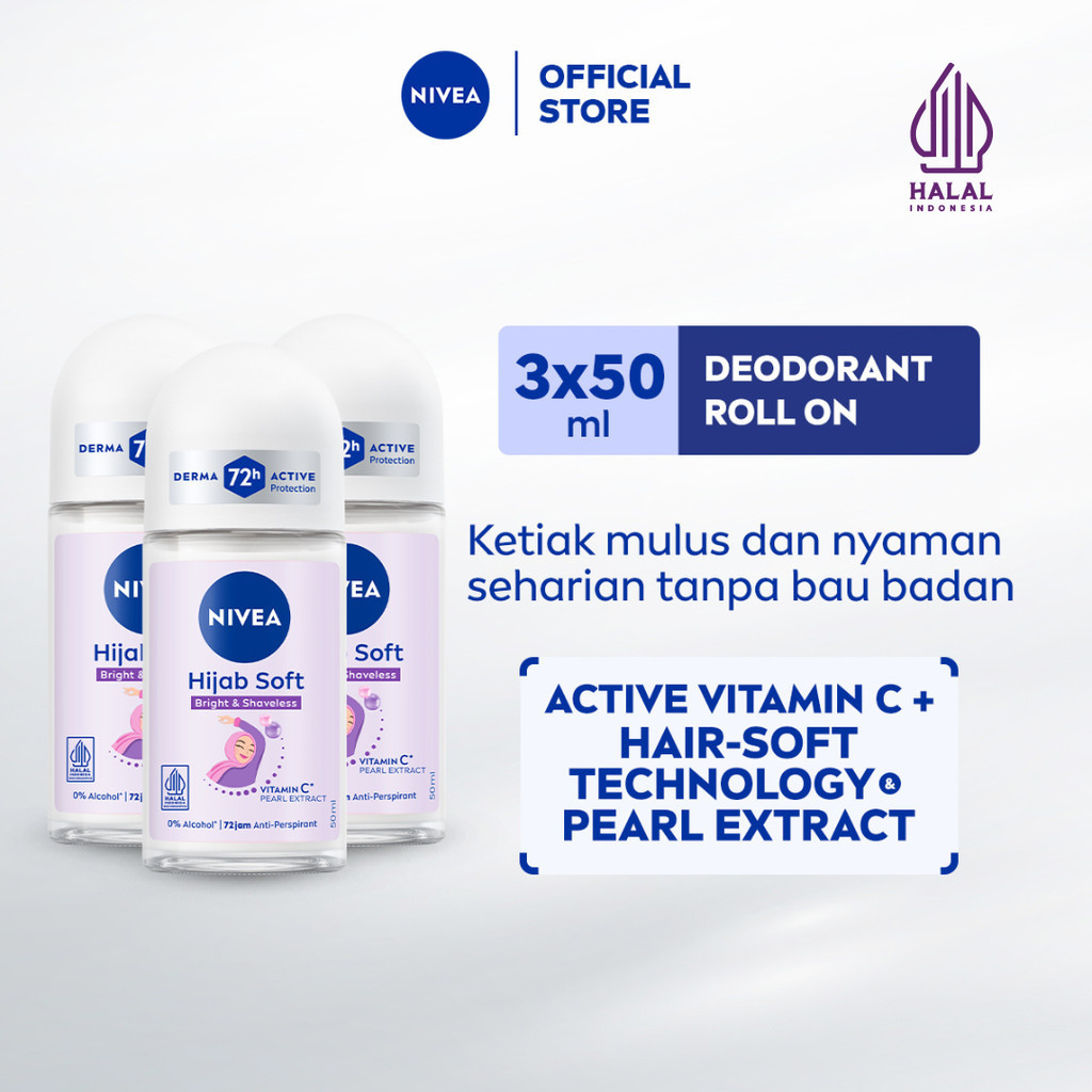 (PAKET HEMAT ISI 3) NIVEA Deodorant Roll On Brightening Hijab Soft 50ml - Deodoran wanita hijab hala