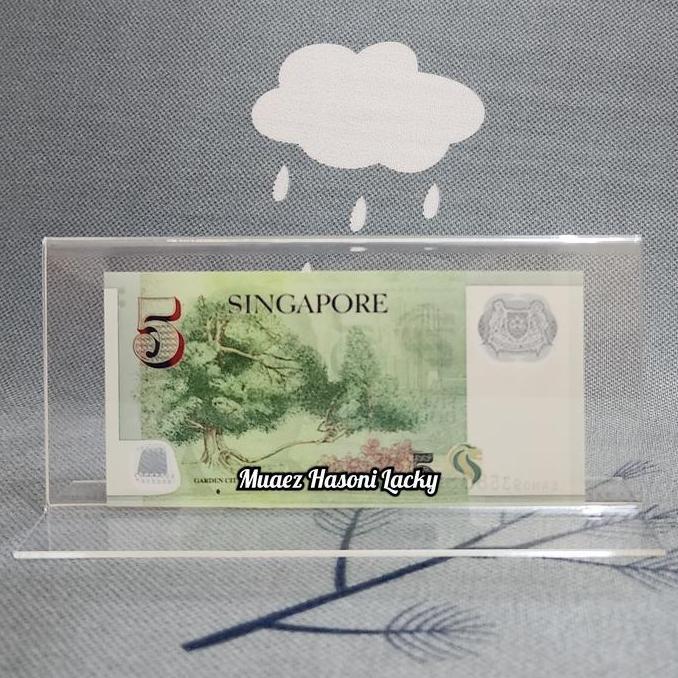 Akrilik Tempat Uang Pajangan Hiasan Singapura 5 Dolar Polymer