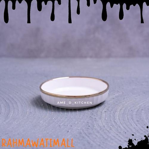 Grosir High-Quality Piring Saus / Lepek Sambal Bijian Keramik Putih 3.75" Golden Pelipit