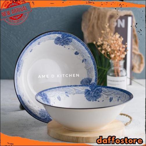 Bigdeal Mangkok Bijian Keramik Bulat Besar 9"/ Mangkok Sayur Motif Bunga Biru