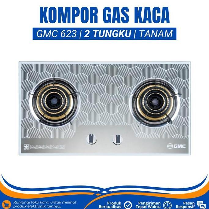 Kompor Gas 2 Tungku Kaca Gmc 623 Kompor Gas Panel Kaca Tempered Glass Kompor Gas Tanam 2 Tungku