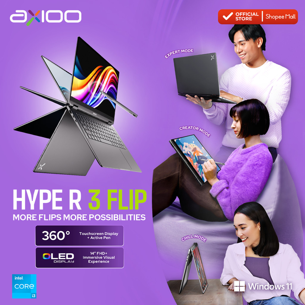 Axioo Laptop 2 in 1 Touchscreen Hype R3 FLIP OLED Intel i3-1215U/24GB/256GB/FHD+ OLED