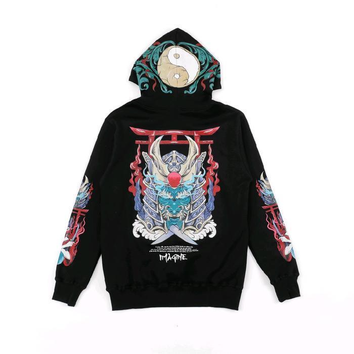 Imagineco Sweater Pullover Hoodie Hitam Unisex Regular Fleece 280Gsm Bushimaru Panjang Sablon New Be