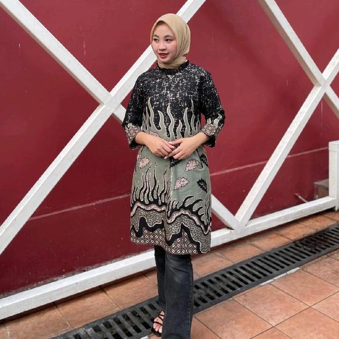 Promo Batik Tunik Qistina Bahan Katun Kombinasi  Motif Hitam Sage Cod