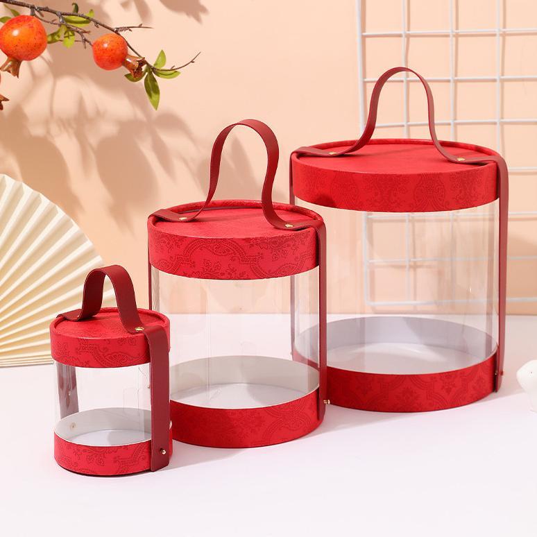 Kotak Toples Box Kue Kering Merah Mika Transparan Tabung Bulat Packaging Hampers Souvenir Gift