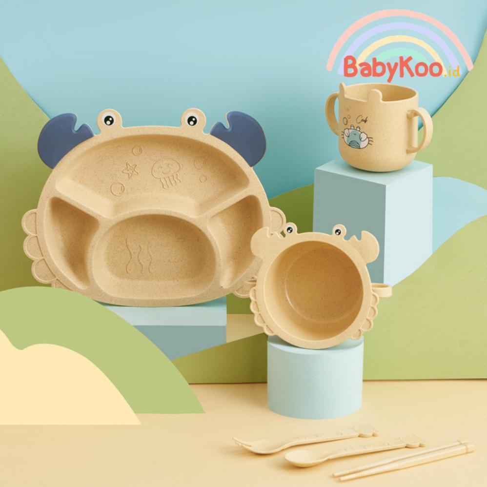 Set Piring Makan Anak Lucu Bentuk Crab / Karakter Crab/Kepiting - (Piring + Sendok + Garpu + Sumpit)