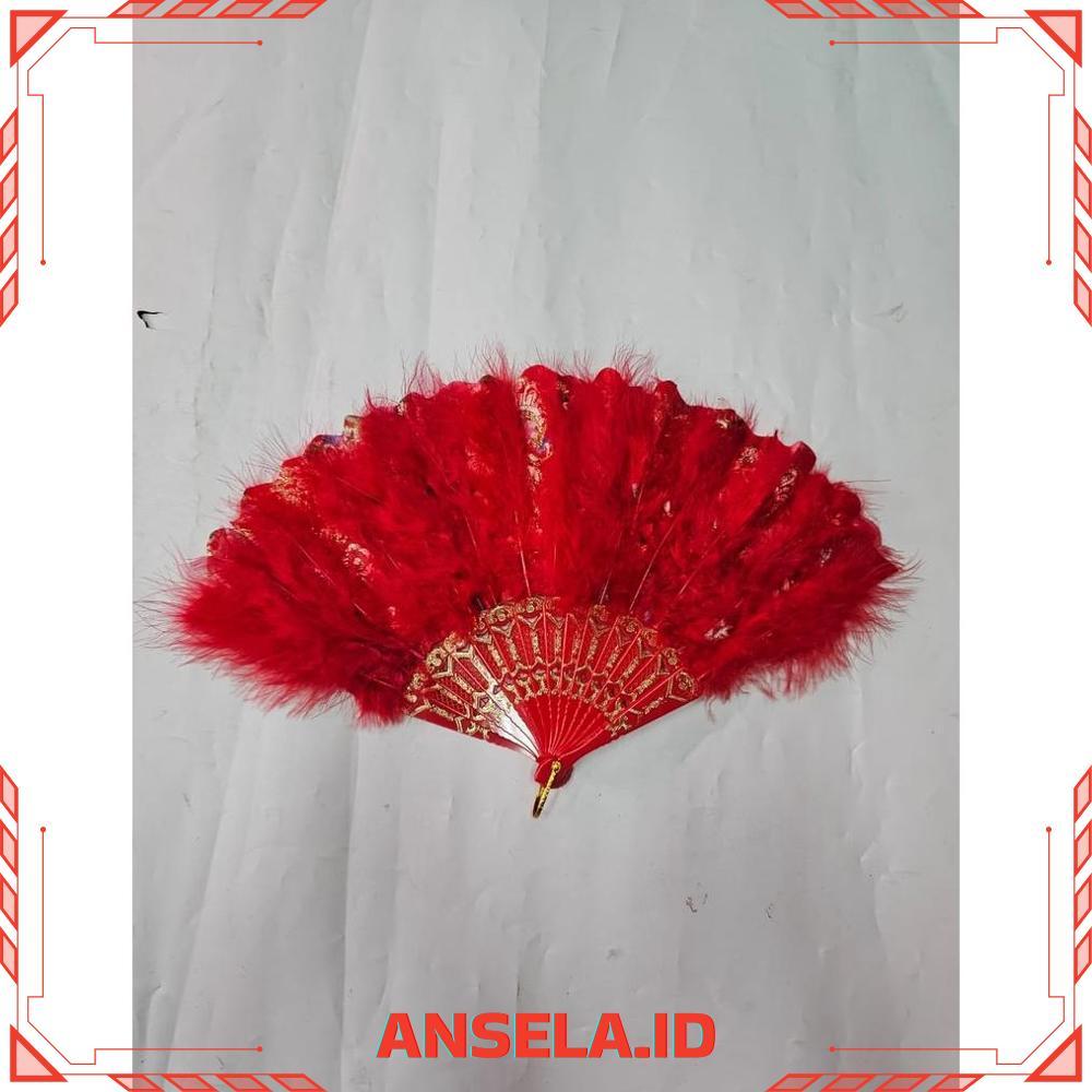 Kipas Tangan Lipat Bulu / Kipas Tari Merah Bulu / Kipas Lipat Tari Bulu Pentas - RO30-0512 2025 Bisa