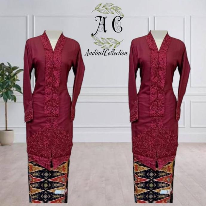 Andini Collection Kebaya Encim Tunik Tunik Kartini Model Tunik Warna Maroon dengan Motif Etnik di Ba