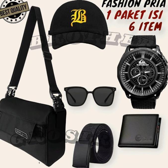 Paket Promo Terkeren Fashion Pria: Tas Selempang + Jam Tangan + Topi + Kacamata + Ikat Pinggang Kanv