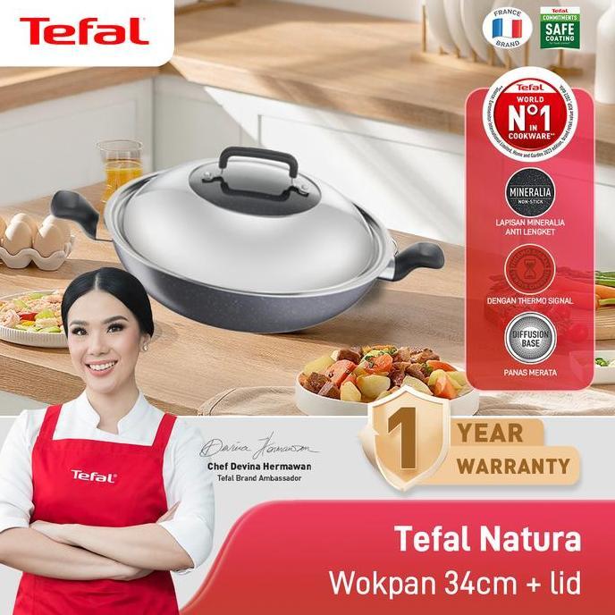 Tefal Wajan Kuali Penggorengan Anti Lengket Natura Wokpan 34cm + Tutup