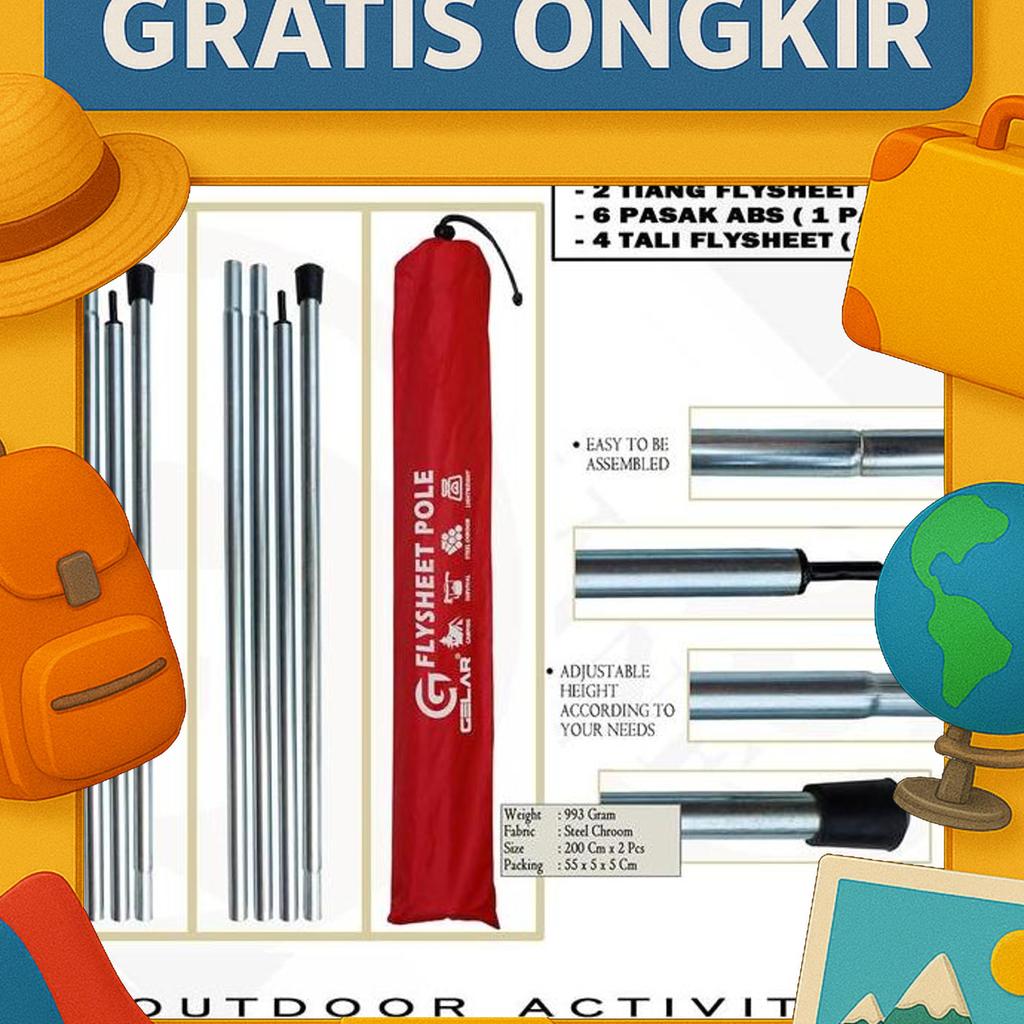 Paketan Flysheet Tenda Camping Size 4X6 Waterproof Lengkap 1 Flysheet 4X6 + 2 Tiang + 6 Pasak Abs + 