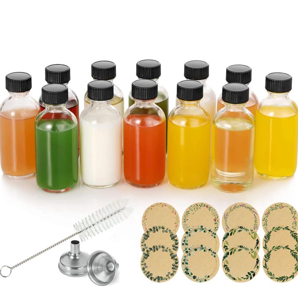 2oz Small Glass Bottles with Lids & Brush, 60ml Mini Boston Round Sample Bottle for Juice Ginger Sho